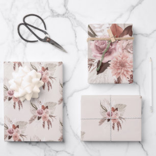 Boho Blush Pampas Grass Floral Wrapping Paper Sheet