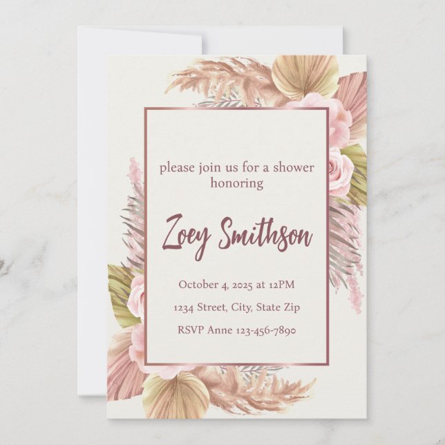 Boho Blush Pampas Grass Invitation (Front)