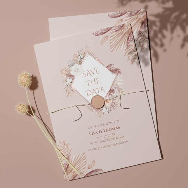 Boho Blush Pampas Grass Save the Date Card (Creator Uploaded)