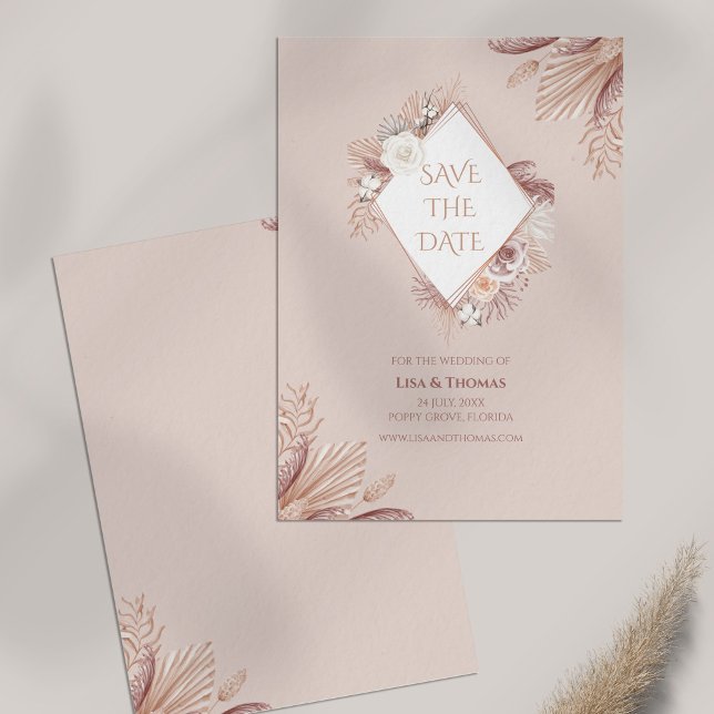 Boho Blush Pampas Grass Save the Date Card (Boho Blush Pampas Grass Save the Date Card on table)