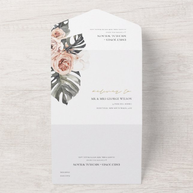 BOHO BLUSH PEACH FLORAL MONSTRERA LEAF WEDDING ALL ALL IN ONE INVITATION (Outside)