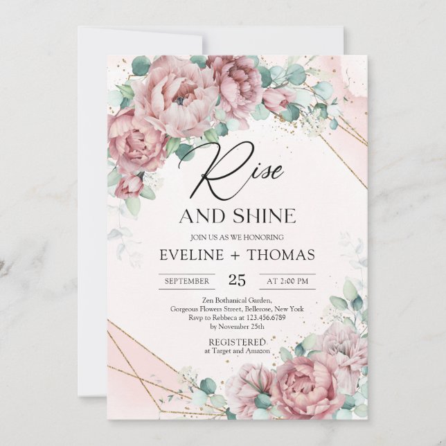 Boho blush peonies eucalyptus gold rise and shine invitation (Front)