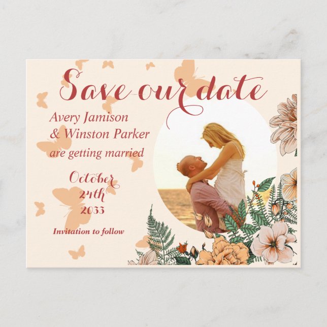Boho Blush Photo Floral Buttery Save the Date  Announcement Postcard (Front)