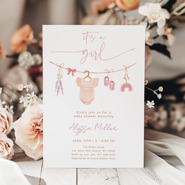 Boho Blush Pink Baby Clothes Girl Baby Shower Invitation (Creator Uploaded)