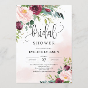 Boho blush pink burgundy floral gold bridal shower invitation