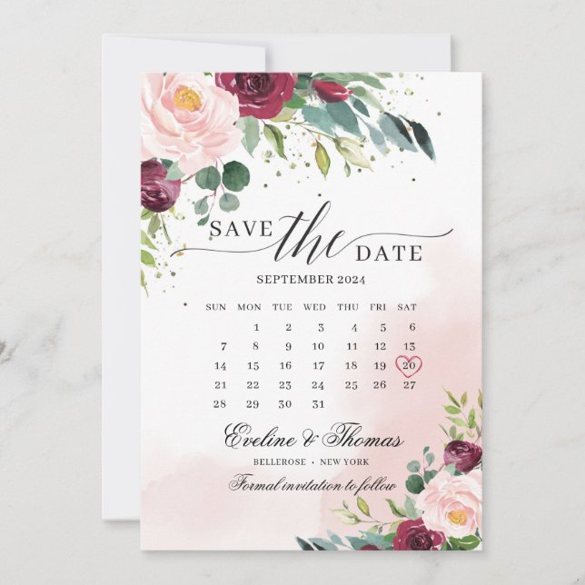 Boho blush pink burgundy floral month calendar save the date (Front)