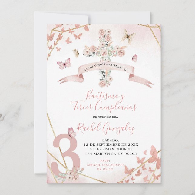 Boho Blush Pink Butterfly Baptism & 3rd Birthday Invitation (Front)