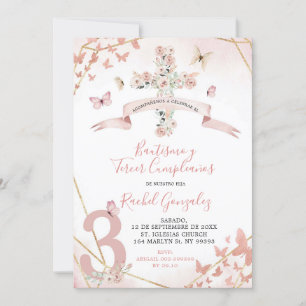 Boho Blush Pink Butterfly Baptism & 3rd Birthday Invitation