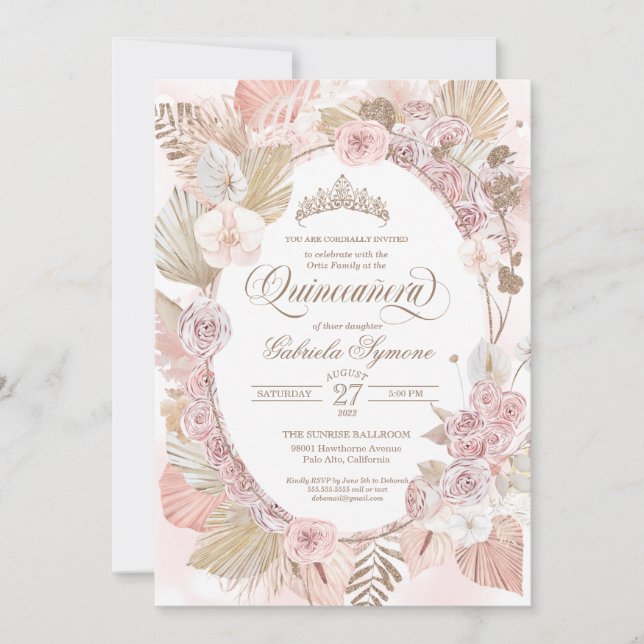 Boho Blush Pink & Dried Floral Roses Quinceanera Invitation (Front)