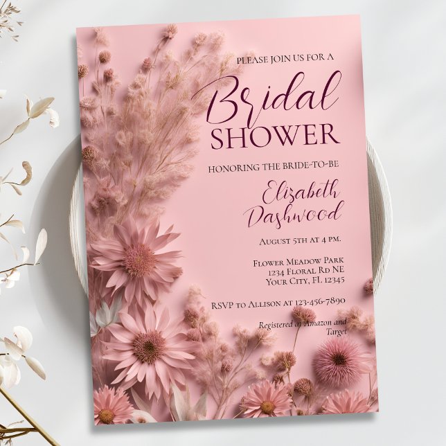 Boho Blush Pink Dried Wildflowers Bridal Shower Invitation (Creator Uploaded)