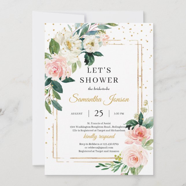 Boho blush pink floral and gold geometric bridal invitation (Front)