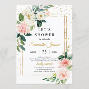 Boho blush pink floral and gold geometric bridal invitation