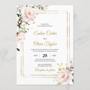 Boho Blush pink floral and gold glitter elegant Invitation