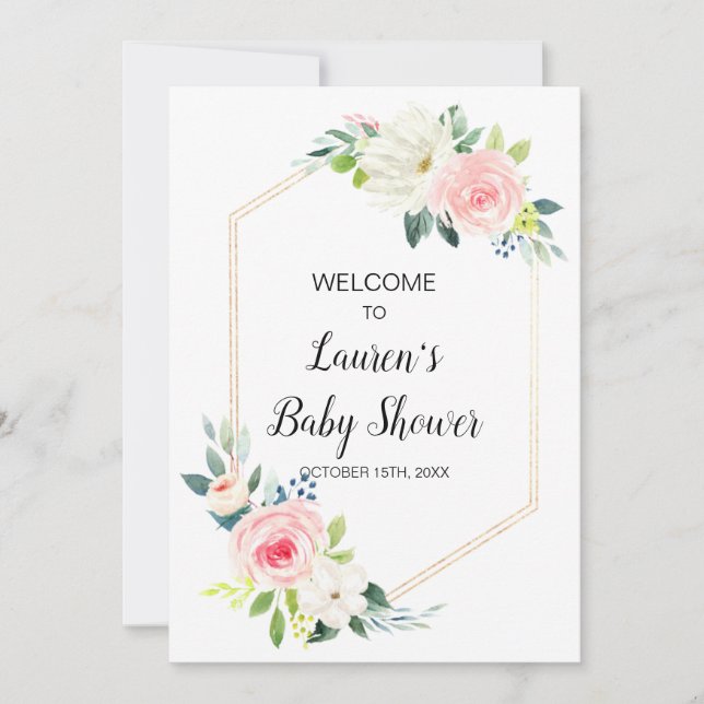 Boho blush pink floral baby shower welcome  invitation (Front)