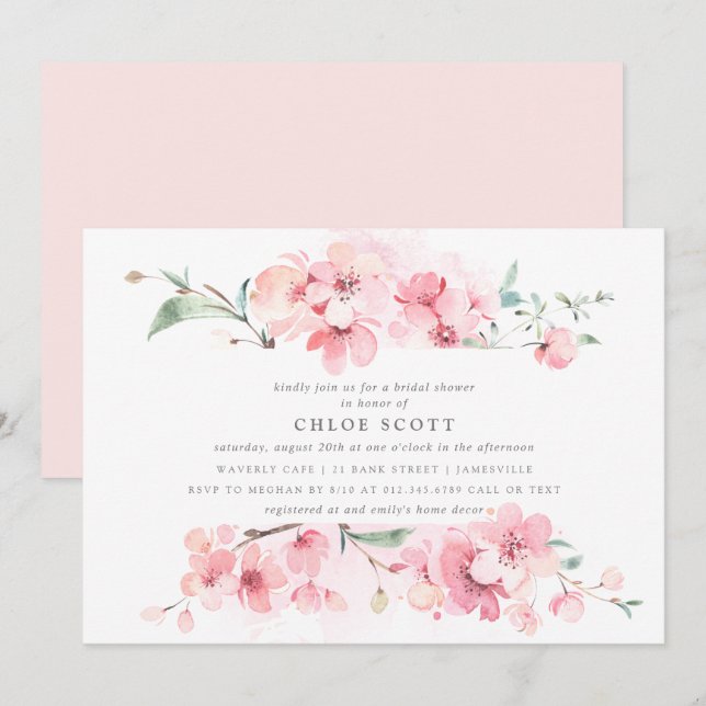 Boho Blush Pink Floral Bridal Shower Invitation (Front/Back)