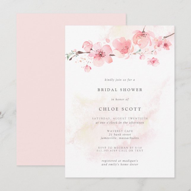 Boho Blush Pink Floral Bridal Shower Invitation (Front/Back)