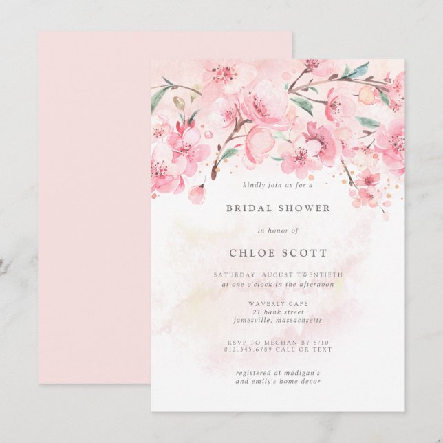 Boho Blush Pink Floral Bridal Shower Invitation (Front/Back)