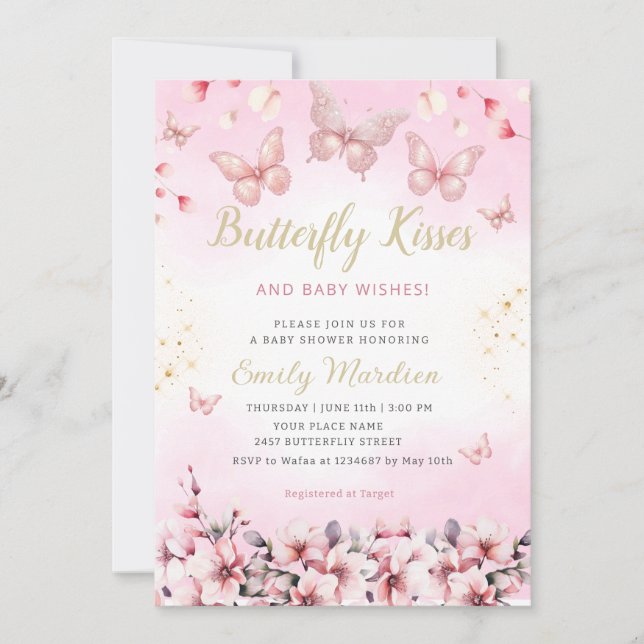Boho Blush Pink Floral Butterfly Girl Baby Shower  Invitation (Front)
