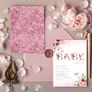 Boho Blush Pink Floral Butterfly Girl Baby Shower  Invitation