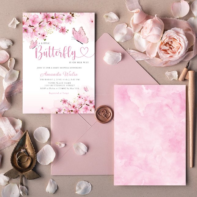 Boho Blush Pink Floral Butterfly Girl Baby Shower Invitation (Creator Uploaded)