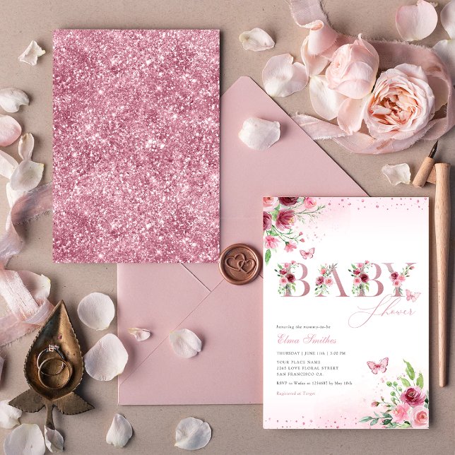 Boho Blush Pink Floral Butterfly Girl Baby Shower  Invitation (Creator Uploaded)