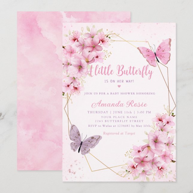 Boho Blush Pink Floral Butterfly Girl Baby Shower Invitation (Front/Back)