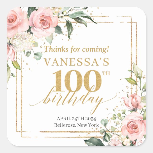 Boho Blush pink floral eucalyptus 100th birthday Square Sticker (Front)