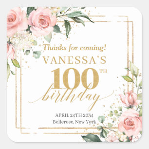 Boho Blush pink floral eucalyptus 100th birthday Square Sticker