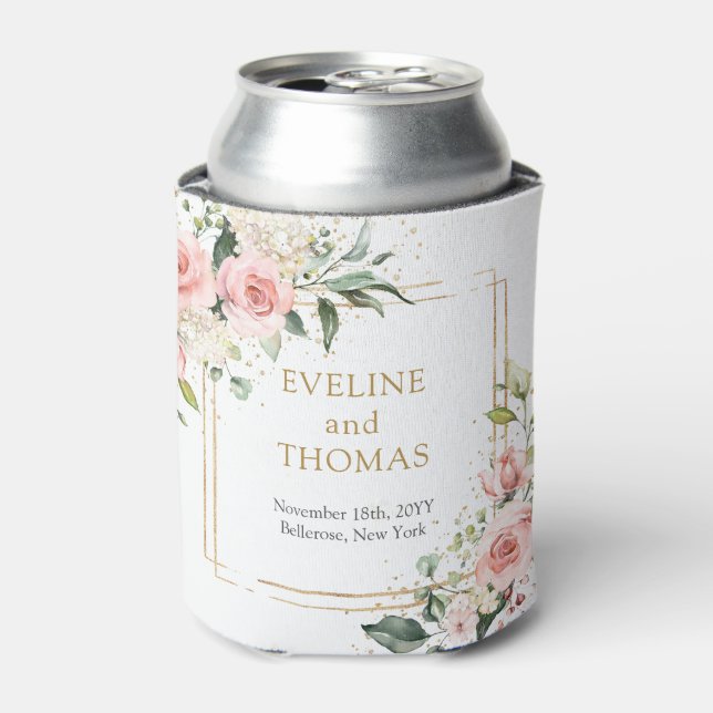 Boho Blush pink floral eucalyptus and gold  Can Cooler (Can Front)