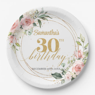 Boho Blush pink floral eucalyptus gold 30 birthday Paper Plate