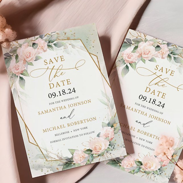 Boho Blush Pink Floral eucalyptus Gold Frame Save The Date (Modern watercolor blush and gold green eucalyptus save the date card template)