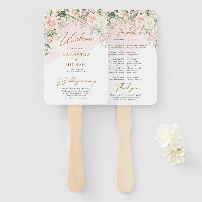 Boho Blush pink floral eucalyptus gold program Hand Fan (Front and Back)