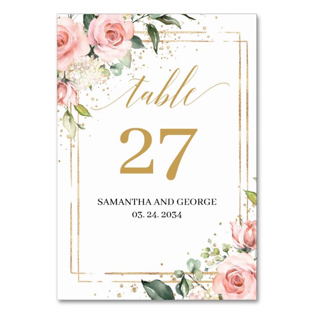 Boho Blush pink floral eucalyptus gold  Table Number (Front)