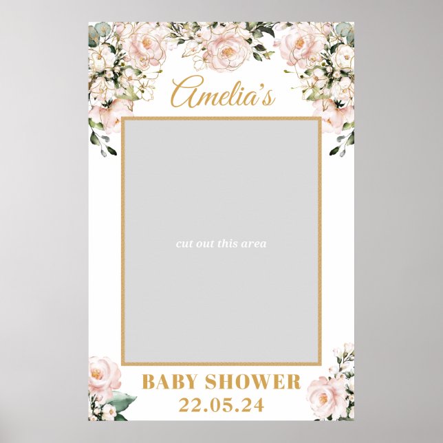 Boho blush pink floral gold baby shower photo prop poster (Front)