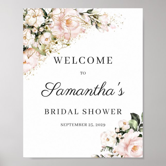 Boho blush pink floral gold bridal shower welcome  poster (Front)