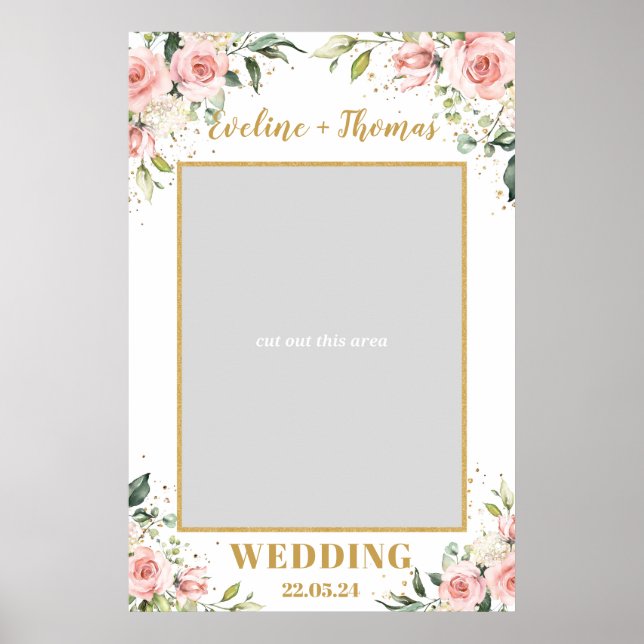Boho blush pink floral gold bwedding photo prop poster (Front)