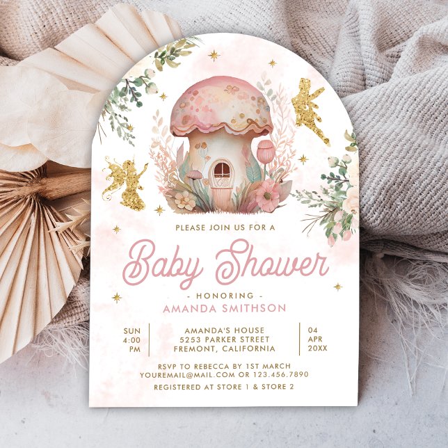 Boho Blush Pink Floral Gold Fairy Arch Baby Shower Invitation (Creator Uploaded)