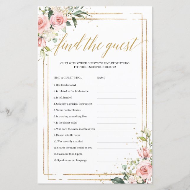 Boho blush pink floral gold find the guest game (Front)