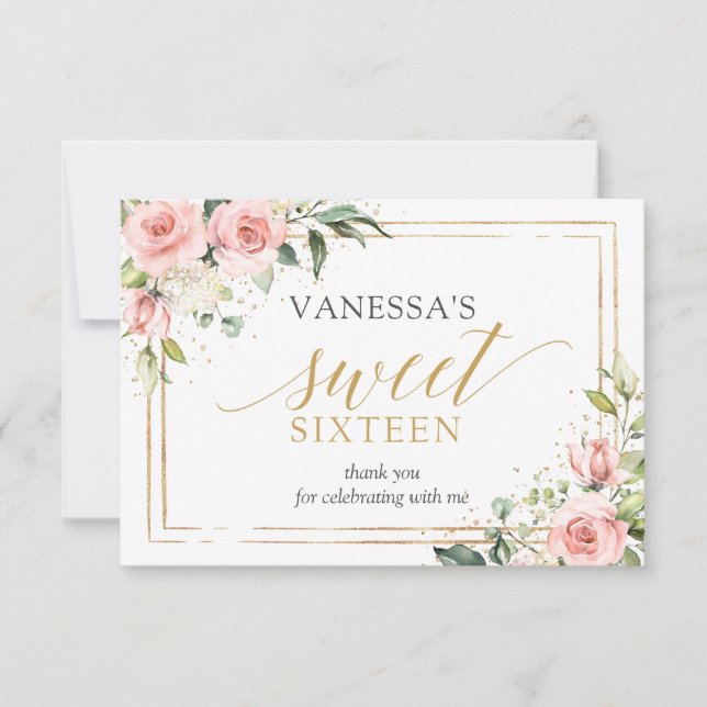 Boho Blush pink floral gold glitter 16th Birthday Thank You Card (Front)