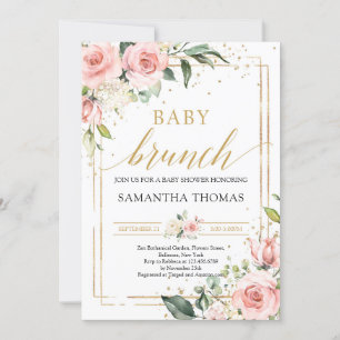 Boho blush pink floral gold glitter baby brunch invitation