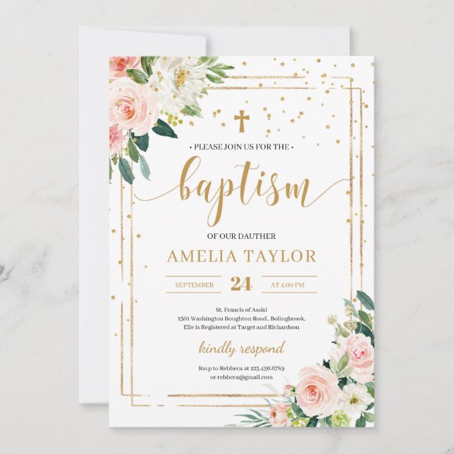 Boho blush pink floral gold glitter baptism invitation (Front)