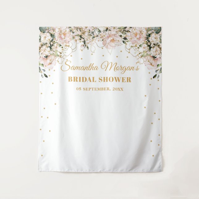 Boho blush pink floral gold leaves bridal shower tapestry (Front)