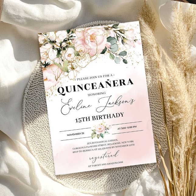 Boho blush pink floral gold leaves quinceanera invitation (Boho blush pink floral gold leaves quinceanera invitation)