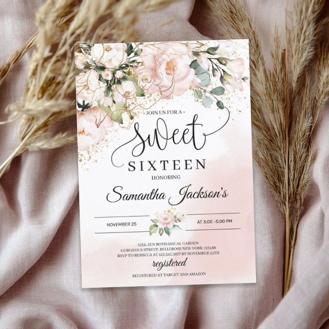 Boho blush pink floral gold leaves sweet sixteen  invitation (Boho blush pink floral gold leaves sweet sixteen invitation)