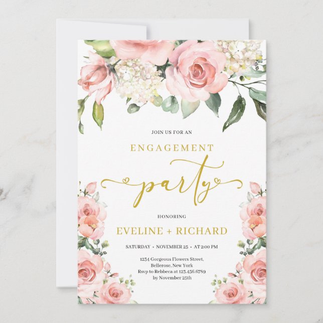 Boho blush pink floral gold lettering engagement invitation (Front)