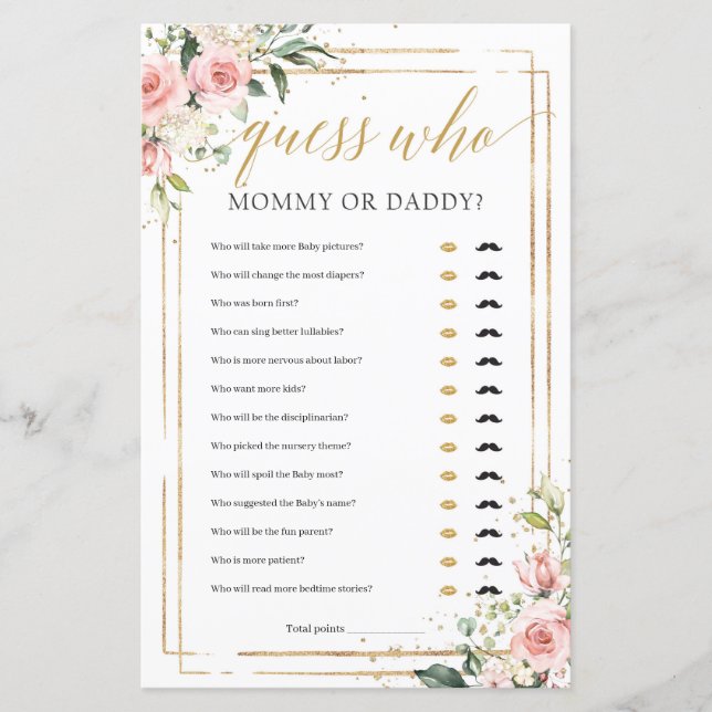 Boho blush pink floral gold mummy or daddy game (Front)