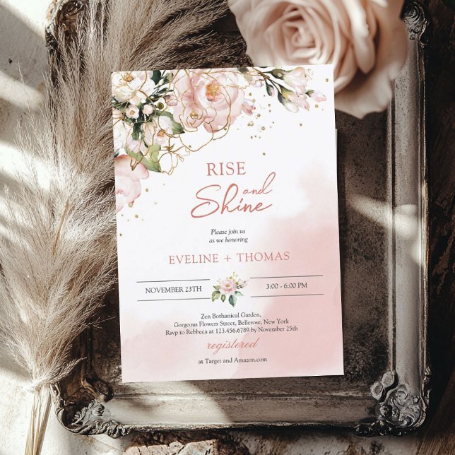 Boho blush pink floral gold rise and shine wedding invitation (Boho blush pink floral gold rise and shine wedding invitation)
