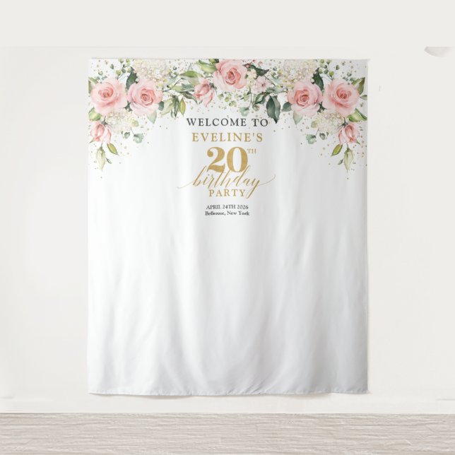 Boho Blush pink floral gold sage 20th birthday Tapestry (Front)