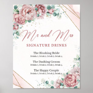 Boho blush pink floral gold signature drinks sign