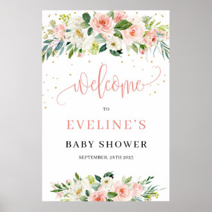 Boho blush pink floral gold sparkles welcome sign
